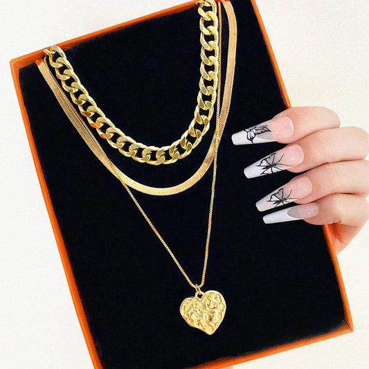 VKME Fashion  Cuban Chain Snake Bone Chain Love Pendant Necklace Set Trend Women Jewelry