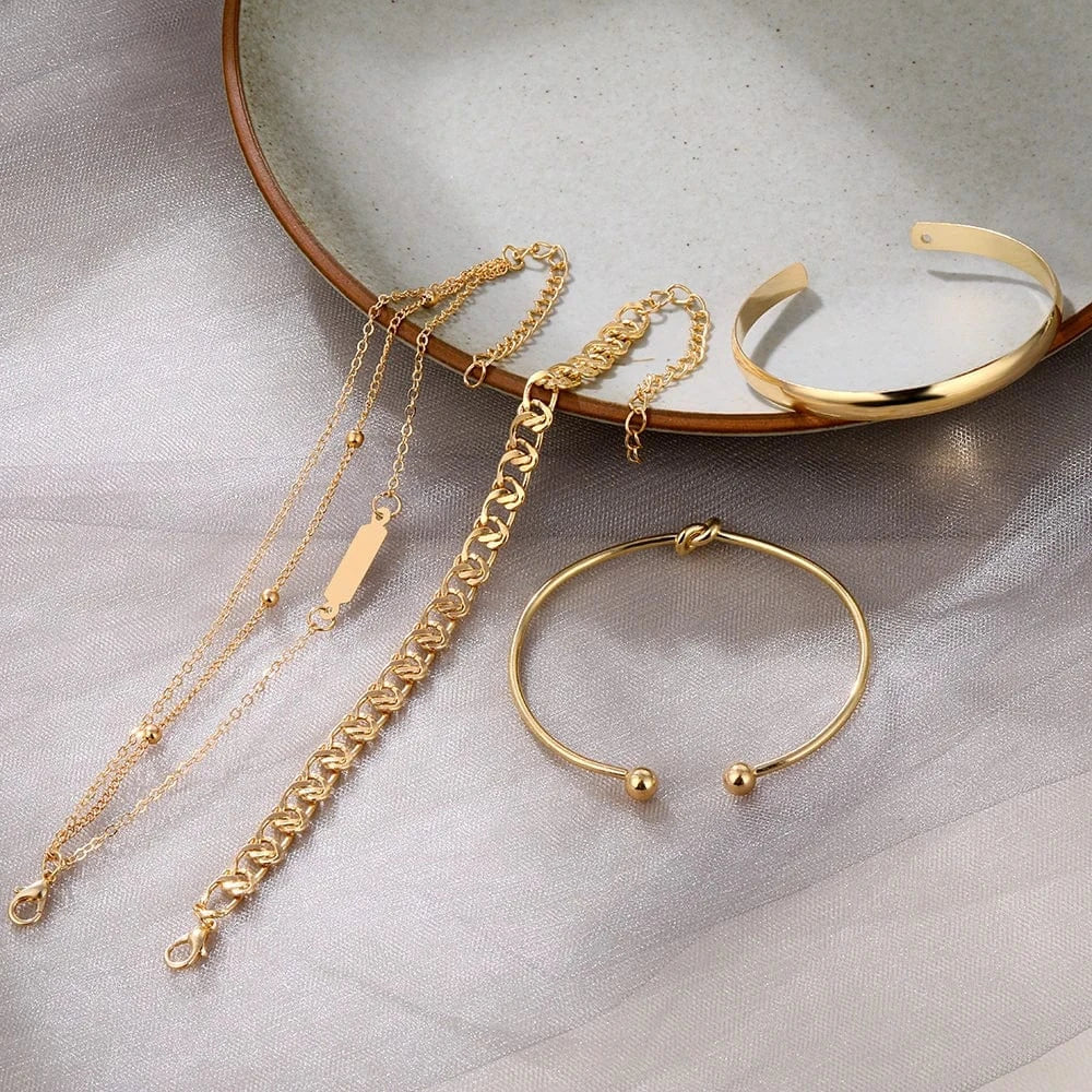 VKME Vintage Gold Plated 4Pcs Link Chain Bracelets Bangles Set High Polished Charm Gold Bracelet For Women Jewelry