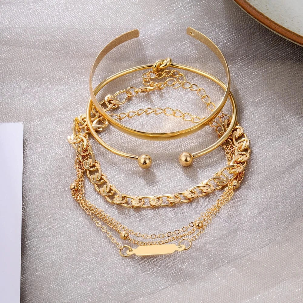 VKME Vintage Gold Plated 4Pcs Link Chain Bracelets Bangles Set High Polished Charm Gold Bracelet For Women Jewelry