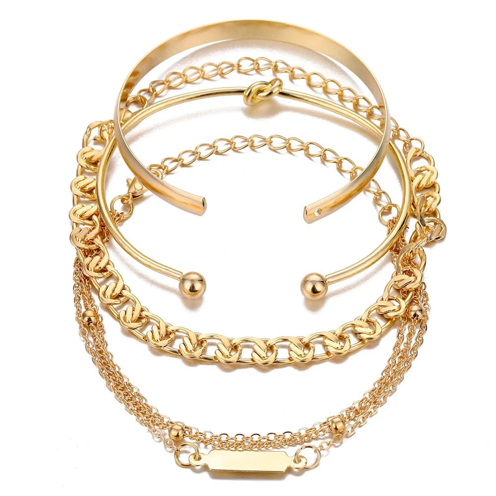 VKME Vintage Gold Plated 4Pcs Link Chain Bracelets Bangles Set High Polished Charm Gold Bracelet For Women Jewelry