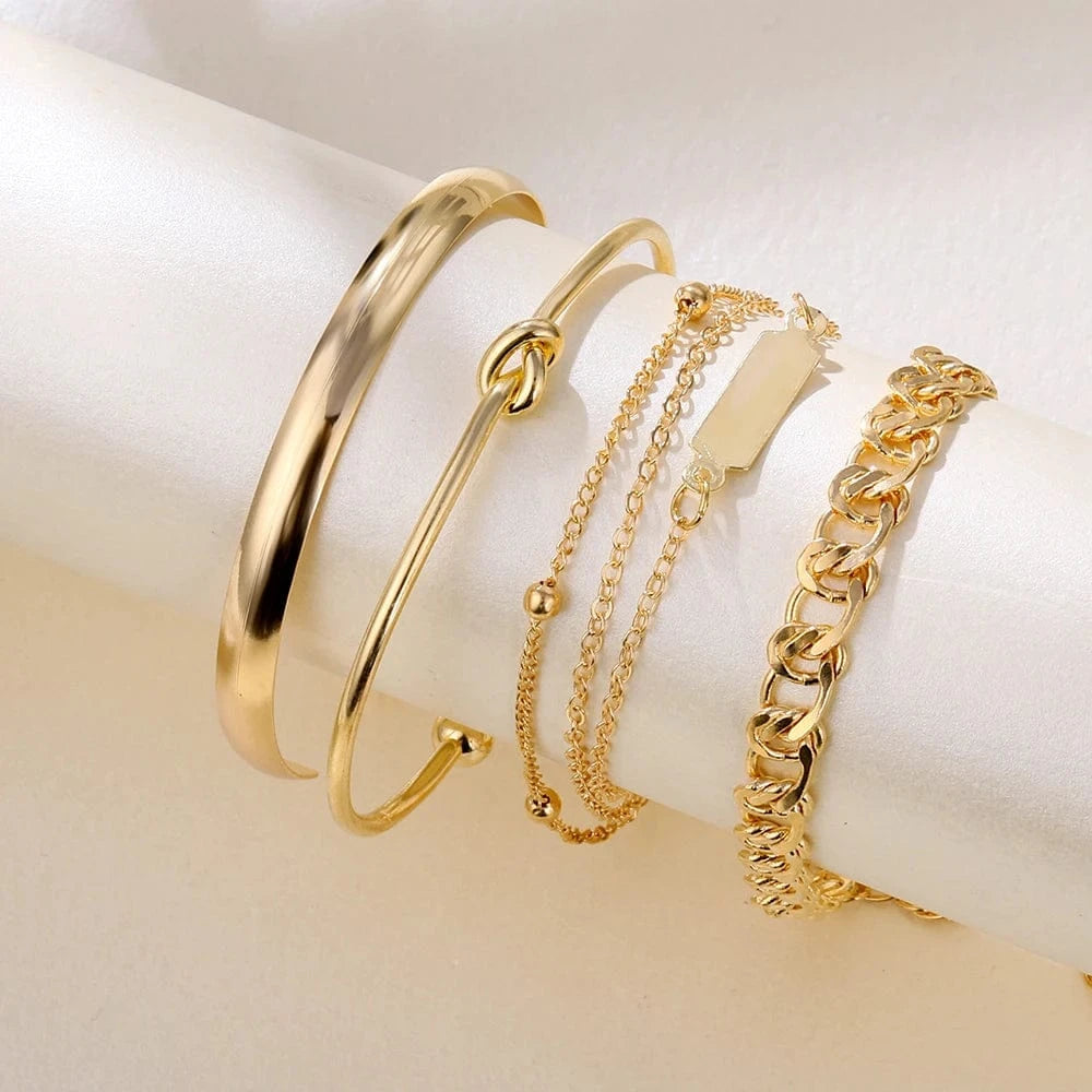 VKME Vintage Gold Plated 4Pcs Link Chain Bracelets Bangles Set High Polished Charm Gold Bracelet For Women Jewelry