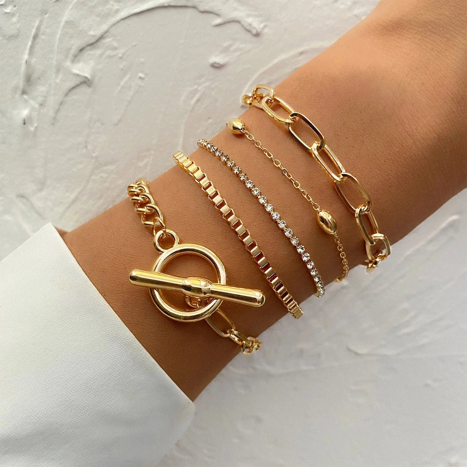 VKME Vintage Gold Plated 4Pcs Link Chain Bracelets Bangles Set High Polished Charm Gold Bracelet For Women Jewelry