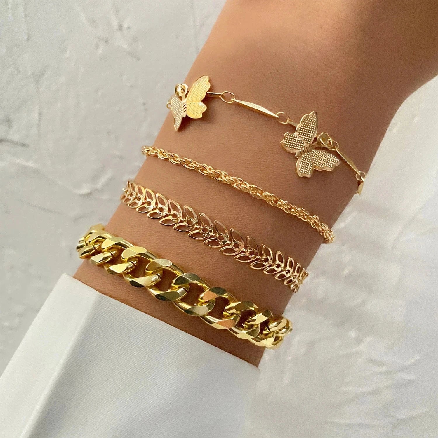 VKME Vintage Gold Plated 4Pcs Link Chain Bracelets Bangles Set High Polished Charm Gold Bracelet For Women Jewelry