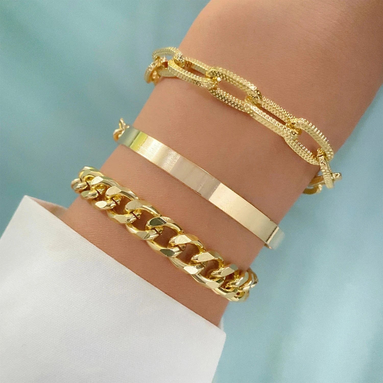 VKME Vintage Gold Plated 4Pcs Link Chain Bracelets Bangles Set High Polished Charm Gold Bracelet For Women Jewelry