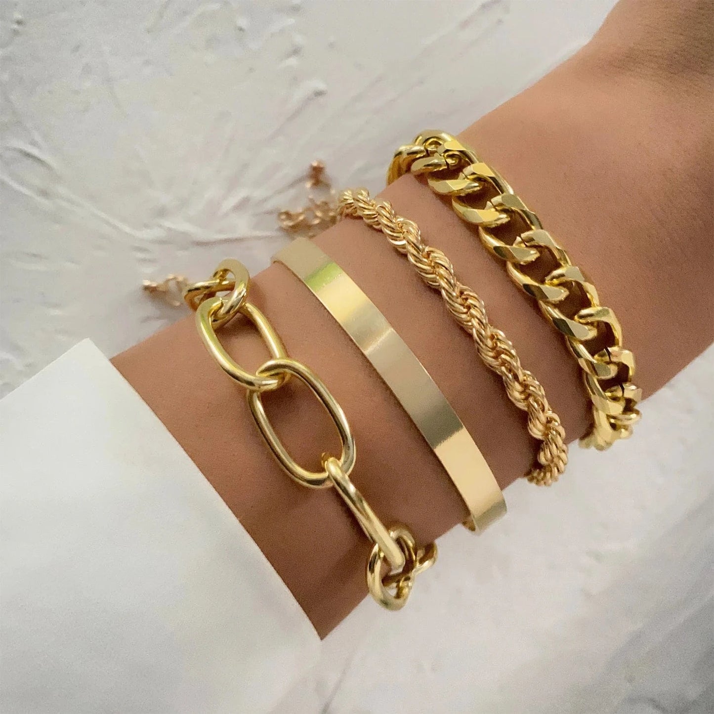 VKME Vintage Gold Plated 4Pcs Link Chain Bracelets Bangles Set High Polished Charm Gold Bracelet For Women Jewelry