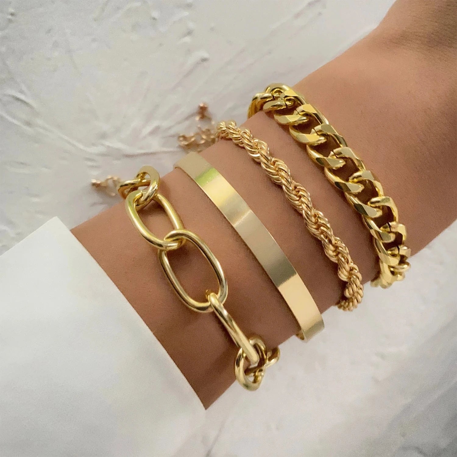 VKME Vintage Gold Plated 4Pcs Link Chain Bracelets Bangles Set High Polished Charm Gold Bracelet For Women Jewelry
