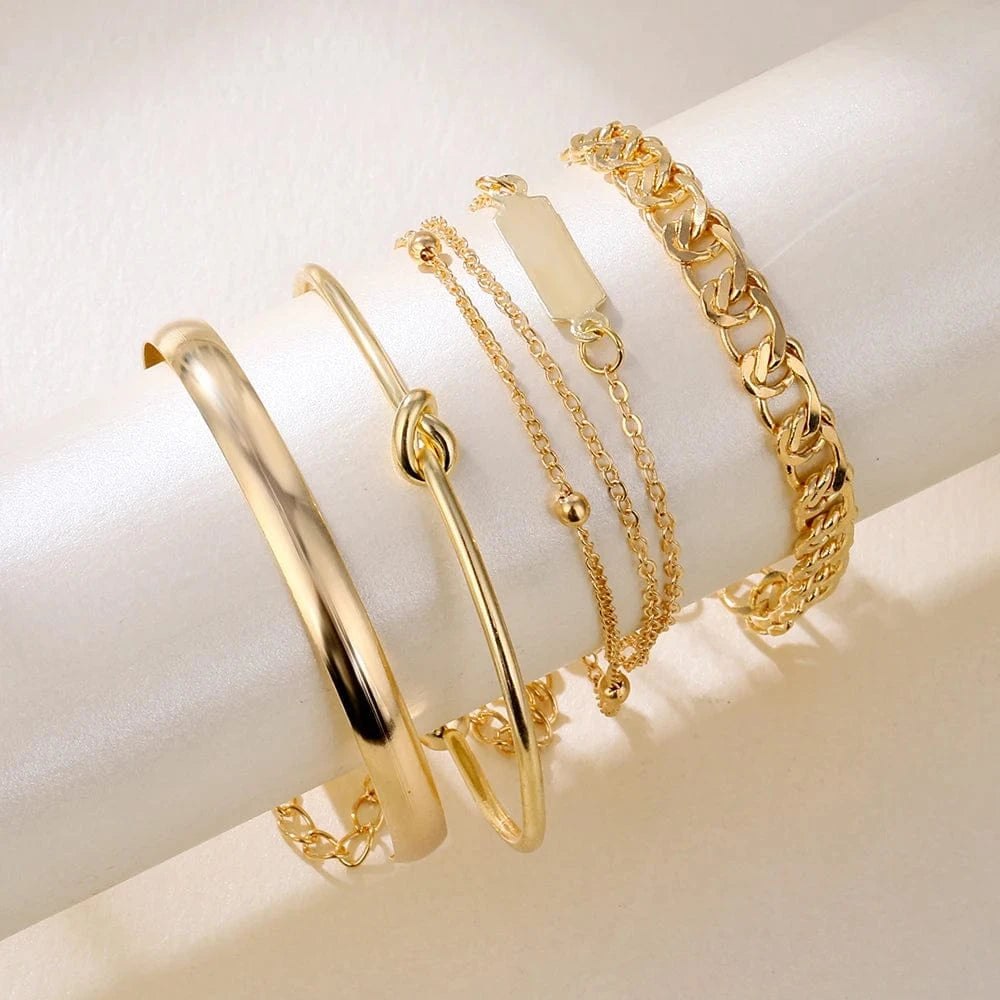 VKME Vintage Gold Plated 4Pcs Link Chain Bracelets Bangles Set High Polished Charm Gold Bracelet For Women Jewelry