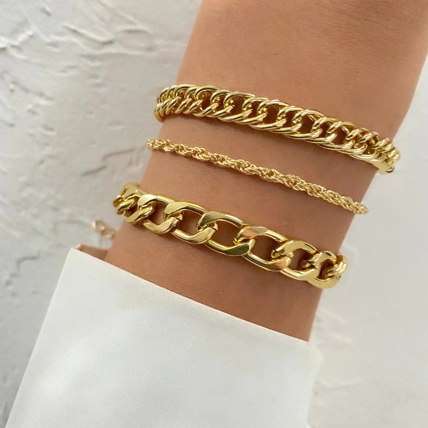 VKME Vintage Gold Plated 4Pcs Link Chain Bracelets Bangles Set High Polished Charm Gold Bracelet For Women Jewelry