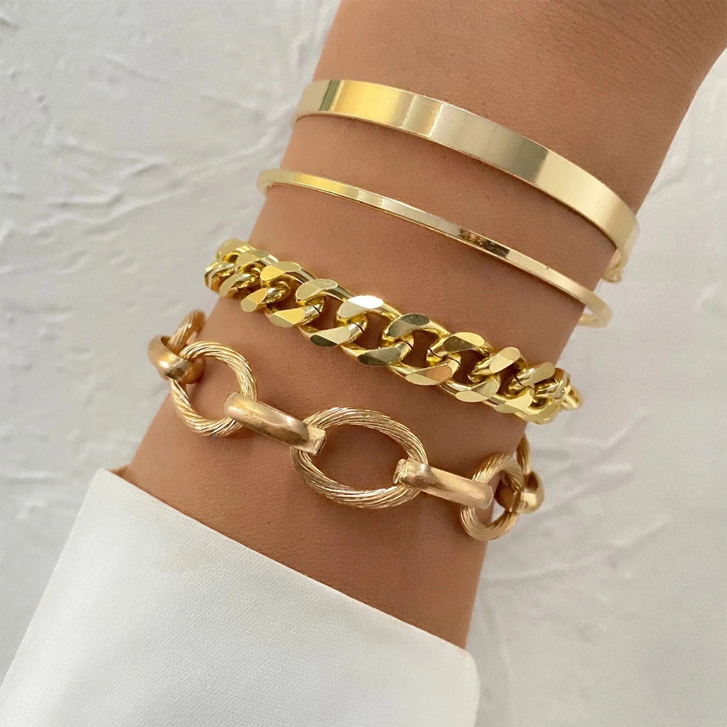 VKME Vintage Gold Plated 4Pcs Link Chain Bracelets Bangles Set High Polished Charm Gold Bracelet For Women Jewelry