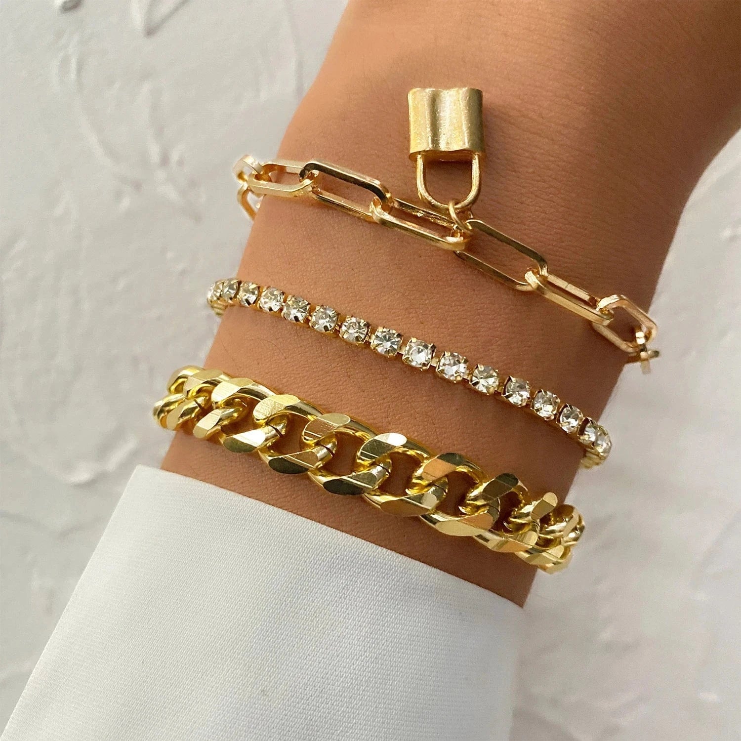 VKME Vintage Gold Plated 4Pcs Link Chain Bracelets Bangles Set High Polished Charm Gold Bracelet For Women Jewelry
