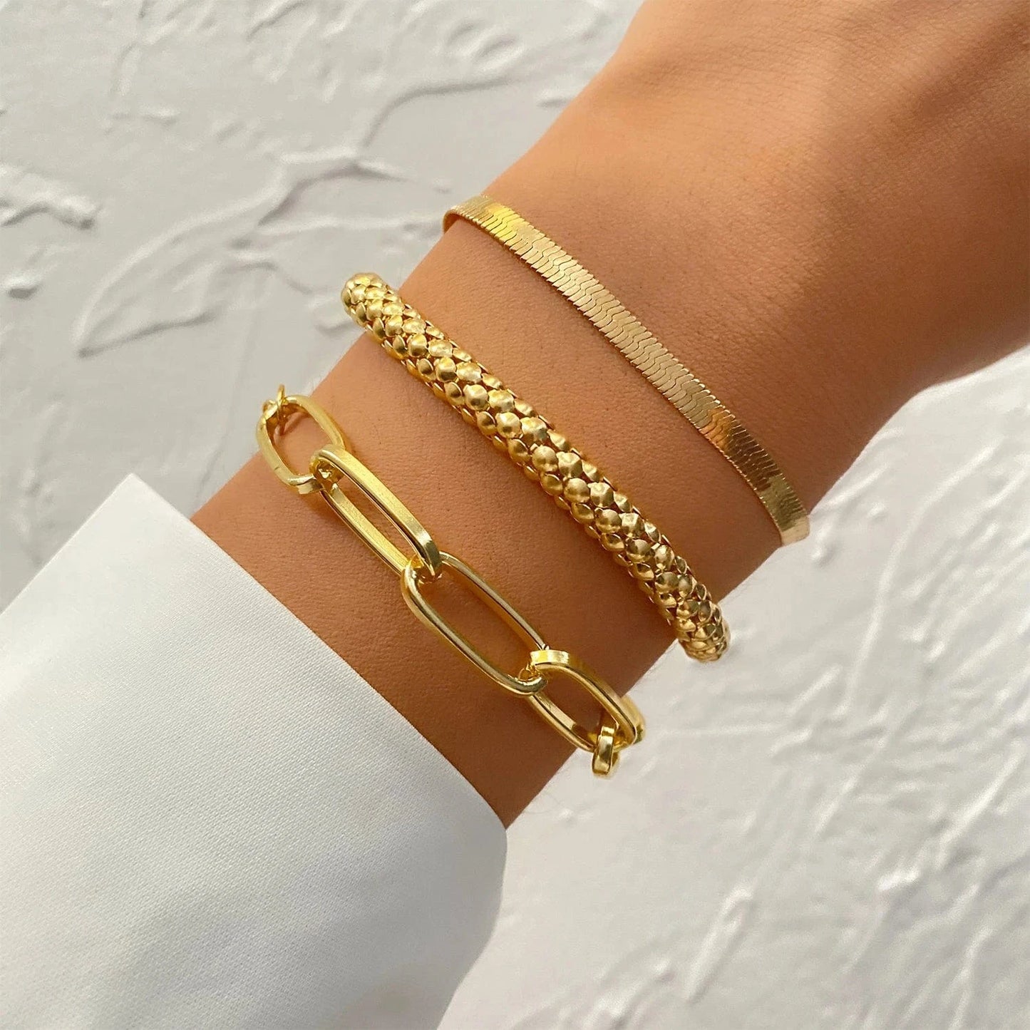 VKME Vintage Gold Plated 4Pcs Link Chain Bracelets Bangles Set High Polished Charm Gold Bracelet For Women Jewelry