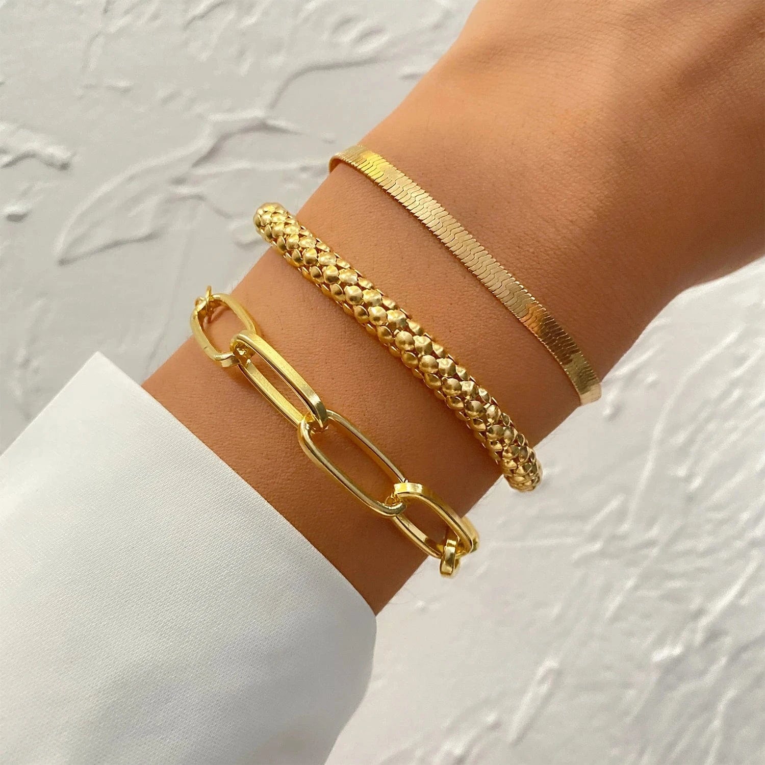 VKME Vintage Gold Plated 4Pcs Link Chain Bracelets Bangles Set High Polished Charm Gold Bracelet For Women Jewelry