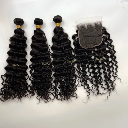 VMAE Raw Afro Kinky Curly Wavy Deep Wave Bundles Human Hair with Frontal and Closure Cuticle Aligned Hair HD Lace Closure