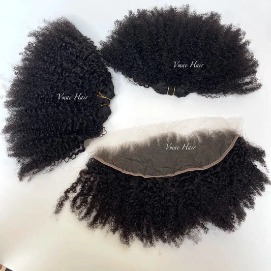 VMAE Raw Cuticle Aligned 3A 3C 4A 4B 4C Afro Kinky Curly Closure and Frontals bundles Human Hair with Frontal and Closure