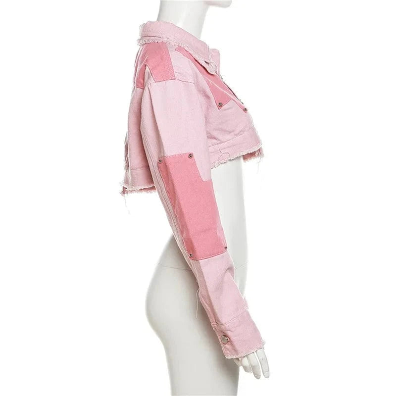 W22s34163 Patchwork Crop Jacket And Mini Skirt Pink Denim Jeans Streetwear Loungewear 2 Piece Set Fall 2024 Women Clothes