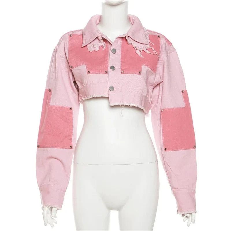 W22s34163 Patchwork Crop Jacket And Mini Skirt Pink Denim Jeans Streetwear Loungewear 2 Piece Set Fall 2024 Women Clothes