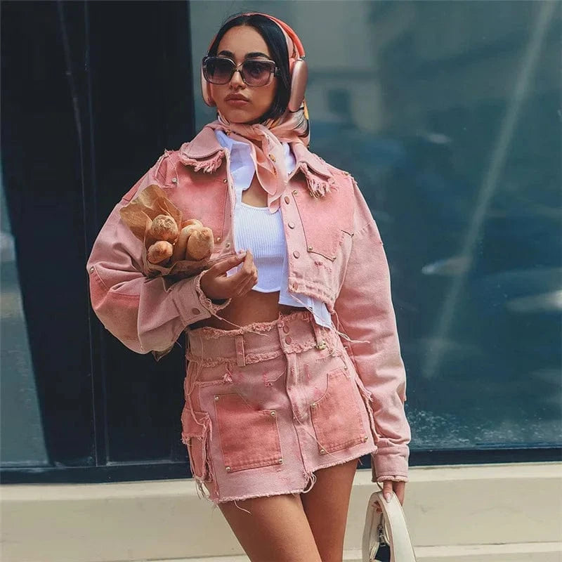 W22s34163 Patchwork Crop Jacket And Mini Skirt Pink Denim Jeans Streetwear Loungewear 2 Piece Set Fall 2024 Women Clothes