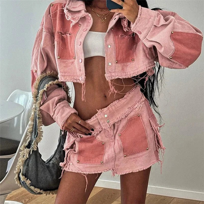 W22s34163 Patchwork Crop Jacket And Mini Skirt Pink Denim Jeans Streetwear Loungewear 2 Piece Set Fall 2024 Women Clothes