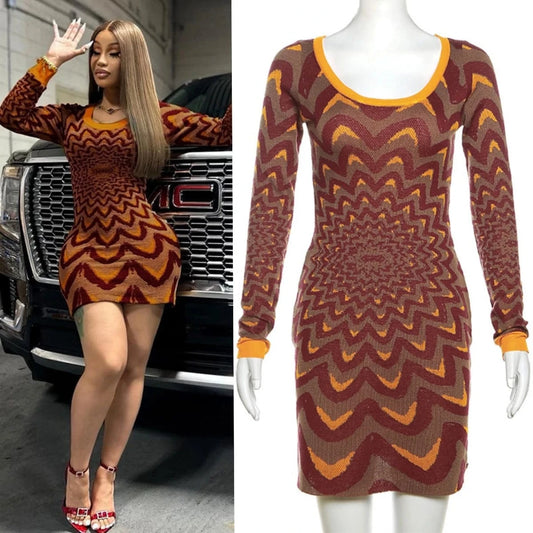 W23D33017 Long Sleeve Stripe Mini Dresses Women Casual Knitted Dress Prom Dresses 2024