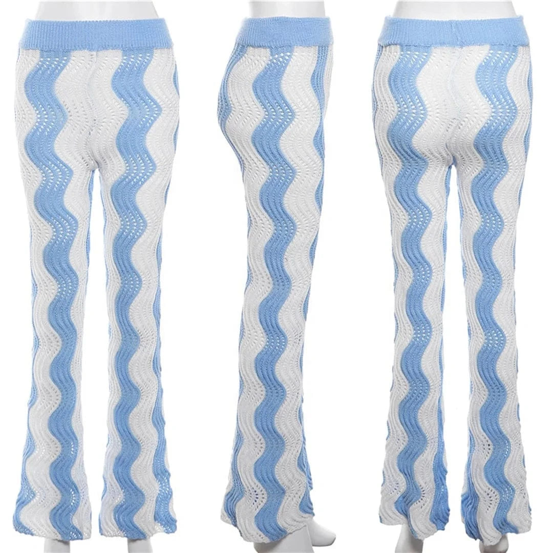 W23P34658 New design fall 2024 women clothes fashion stripped flared pants knitted trousers casual wide leg women's pants