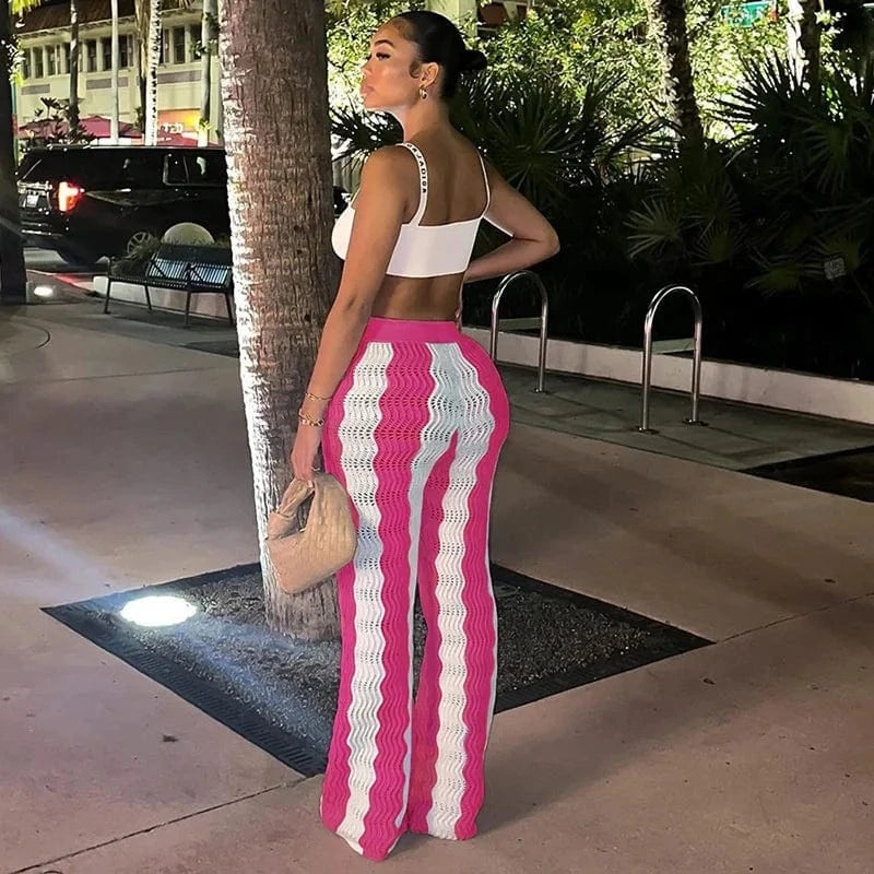 W23P34658 New design fall 2024 women clothes fashion stripped flared pants knitted trousers casual wide leg women's pants