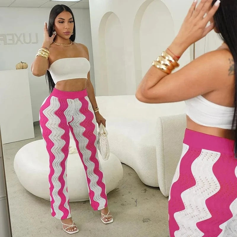 W23P34658 New design fall 2024 women clothes fashion stripped flared pants knitted trousers casual wide leg women's pants