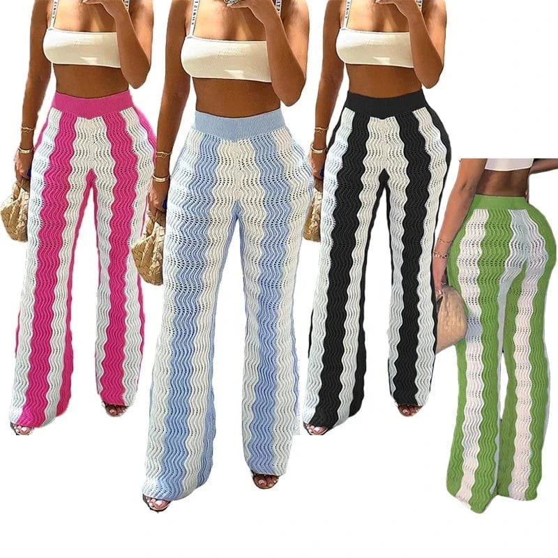 W23P34658 New design fall 2024 women clothes fashion stripped flared pants knitted trousers casual wide leg women's pants