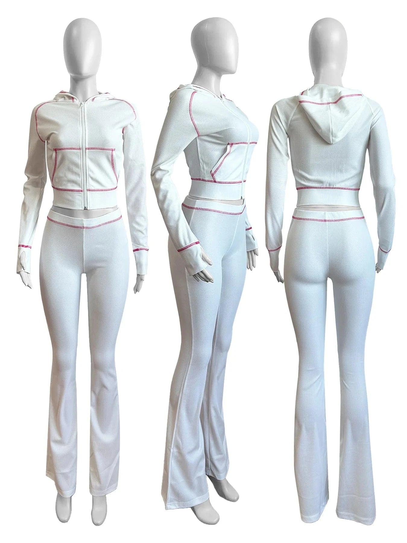 Waffle Texture Striped Women's Set Hooded Tops+Flare Pants Suits 2024 Autumn Casual Street Baddie 2 Piece Sets