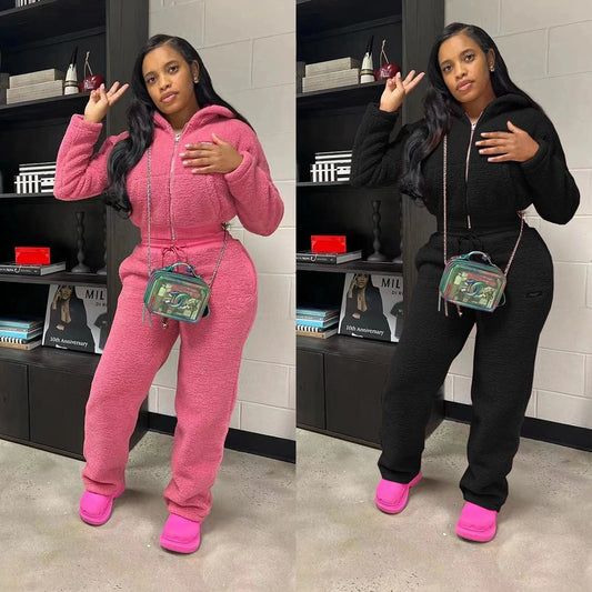 Warm Thick Fleece Jogger Set Women Woman Winter Fleece Sweat Suit Fuzzy Lounge Wear 2 PC Set