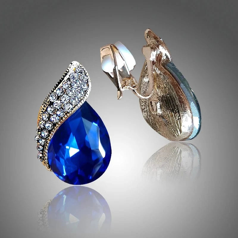 water droplets / 2.7cm*1.7cm / Blue ear clips Fashion Women's Teardrop Clip on Earrings Non Piercing Rhinestone Crystal Charm Jewelry Ear Clip Wholesale