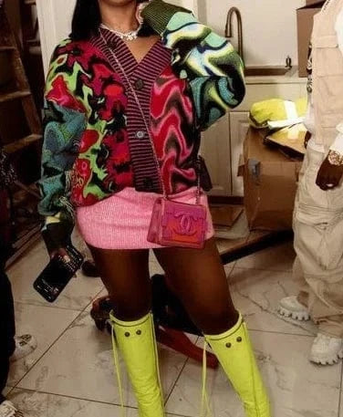 Water Ripple Cardigan for Women Autumn Winter New Single-breasted V-neck Long-sleeved Knitted Cardigan Sweater Coat