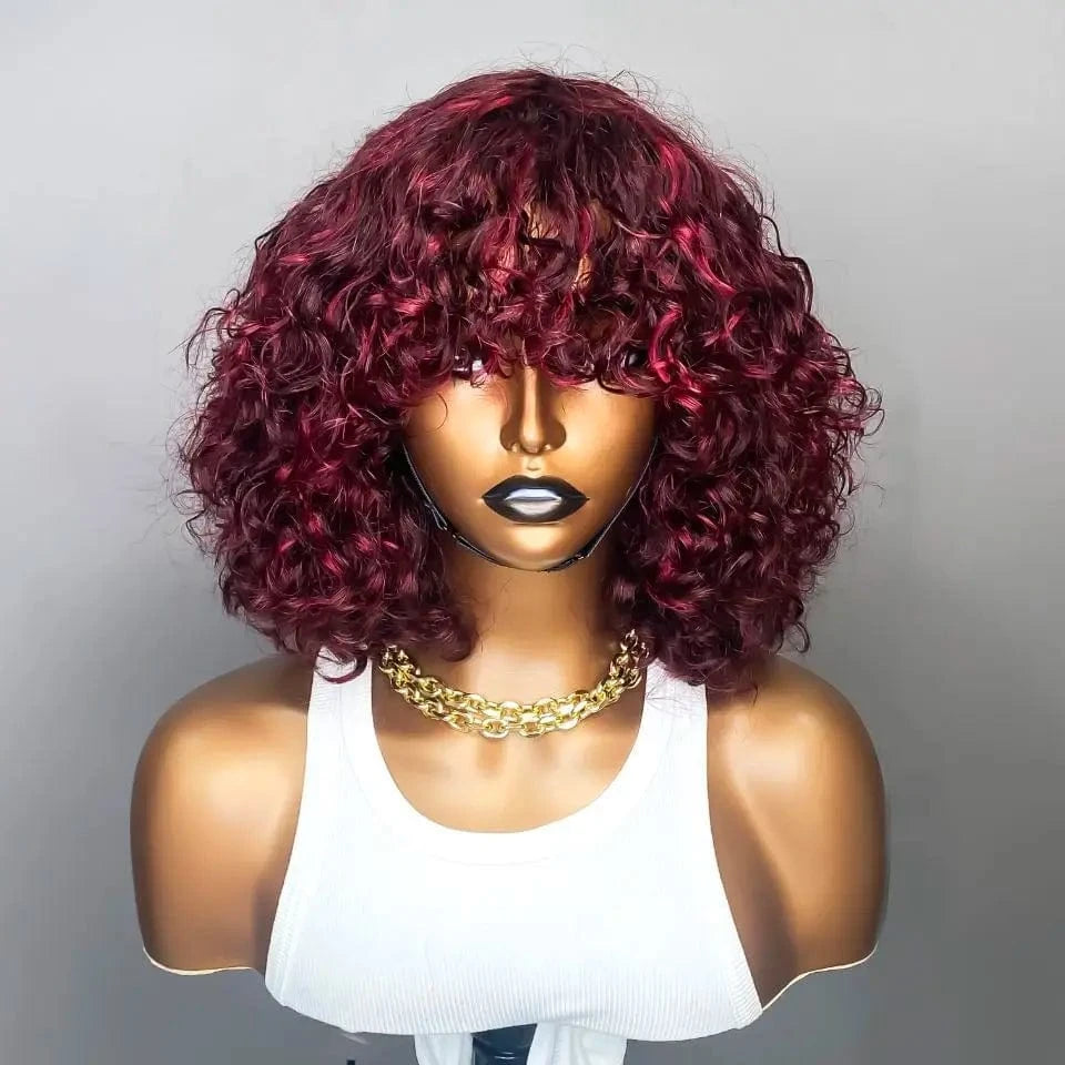 Water Wave Bob Wig With Bangs Bone Human Hair Wigs For Women Human Hair No Lace Full Machine Made Wigs Fringe