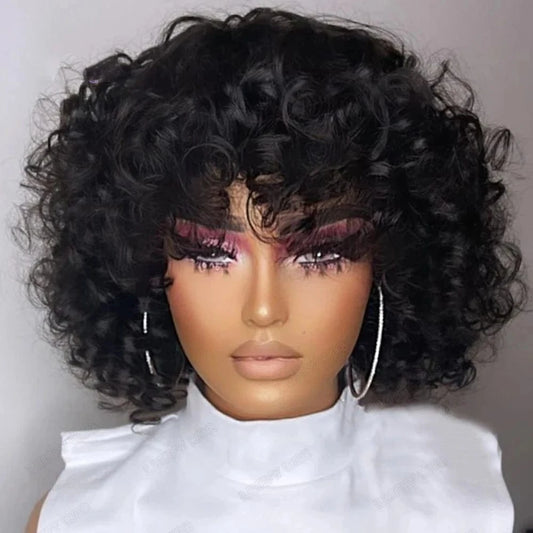 Water Wave Bob Wig With Bangs Bone Human Hair Wigs For Women Human Hair No Lace Full Machine Made Wigs Fringe