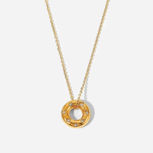 Waterproof / 18inches / N2493 N2493 18k Gold Plated Stainless Steel Tarnish Free Cubic Zirconia Circle Hollow Pendant Necklace