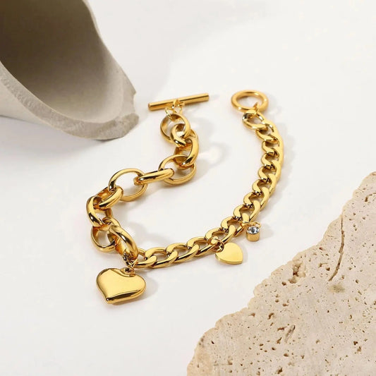 Waterproof / 20cm / BR1018 BR1018 18k Gold Plated OT Buckle Cubic Zircon Heart Stainless Steel Chunky Cuban Chain Bracelet