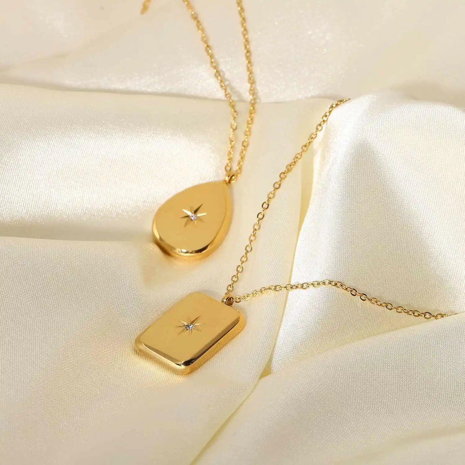 Waterproof / 41cm / N2502 N2502 18K Gold Plated Stainless Steel Waterdrop Choker Jewelry Cubic Zircon Star Power Pendant Necklace