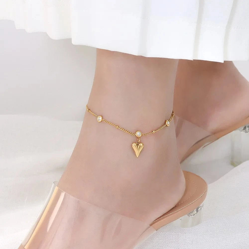 Waterproof / Gold Wholesale New Zircon Three-dimensional Love Heart Pendant 18K Gold Plated Ankle Chain Foot Jewelry Anklets