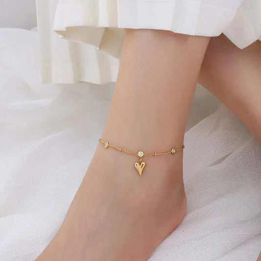 Waterproof / Gold Wholesale New Zircon Three-dimensional Love Heart Pendant 18K Gold Plated Ankle Chain Foot Jewelry Anklets