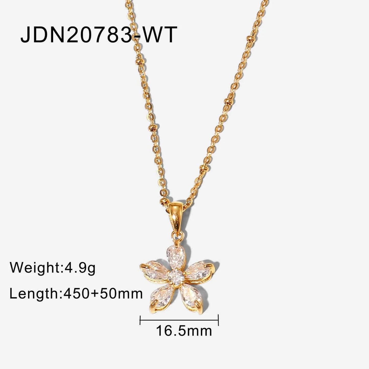 Waterproof / N2495 N2495 18K  Plated Stainless Steel Gift 16mm white Cubic Zirconia five-petal flower pendant necklace