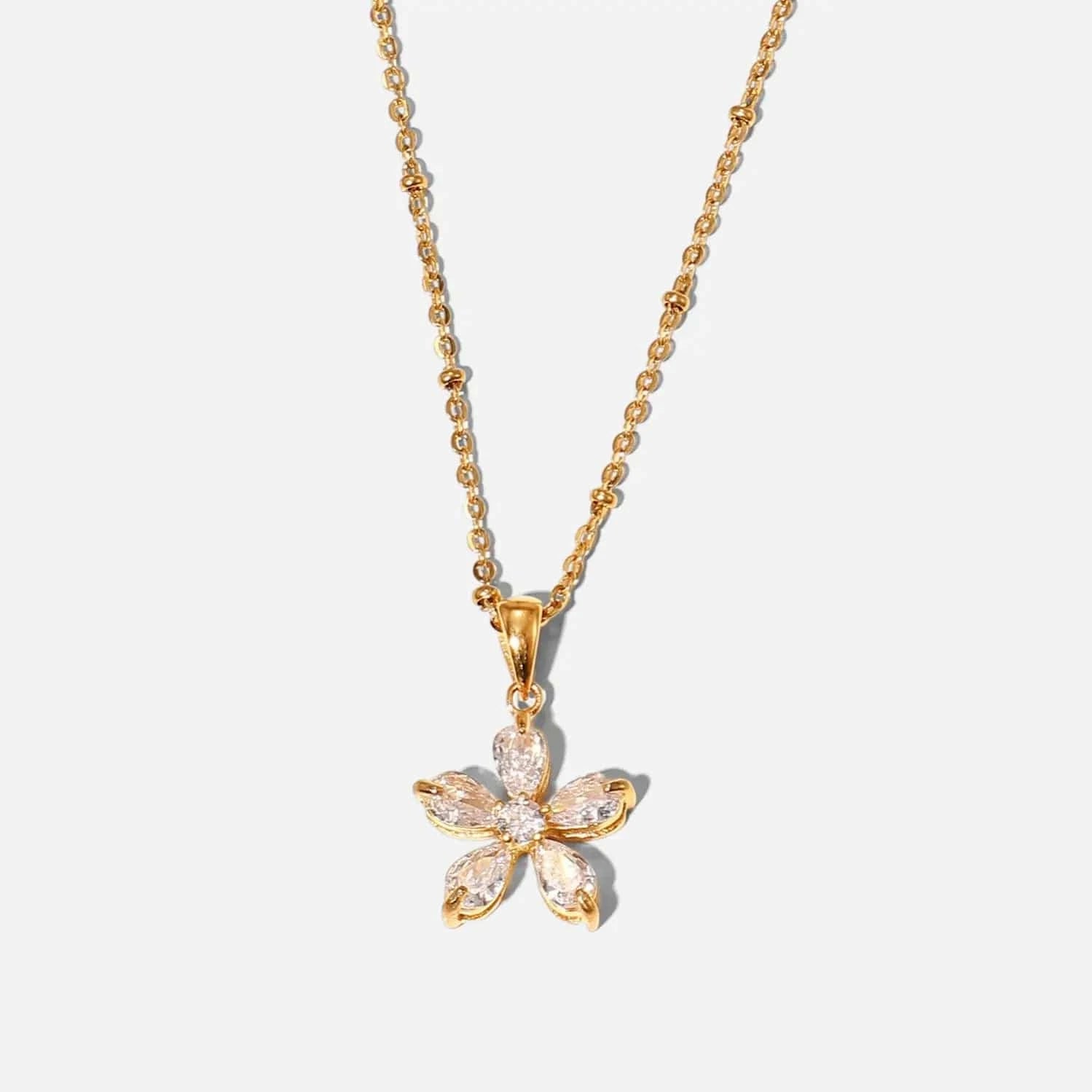 Waterproof / N2495 N2495 18K  Plated Stainless Steel Gift 16mm white Cubic Zirconia five-petal flower pendant necklace