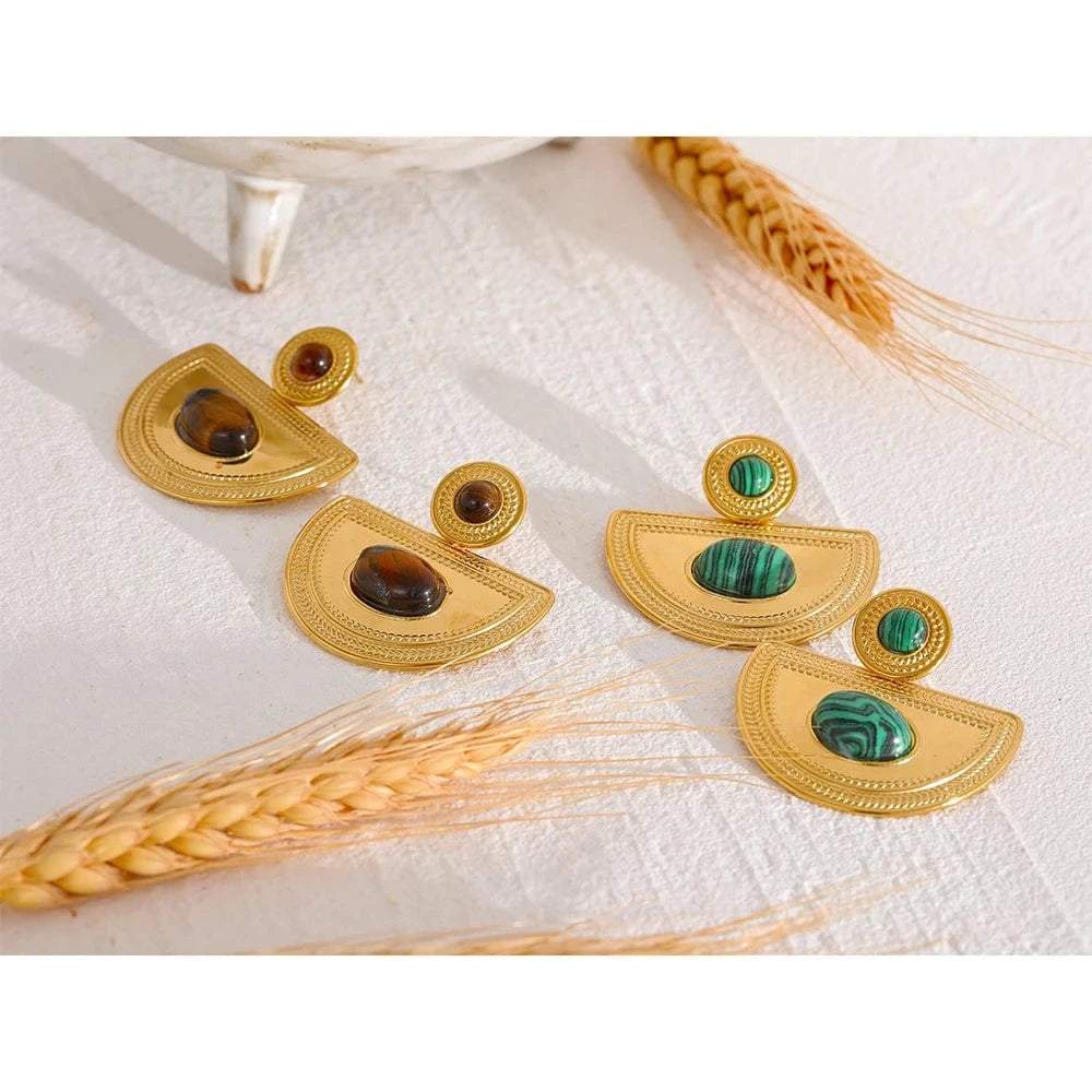 Waterproof Natural Tirger Malachite Stone Stainless Steel Fan Big Drop Earrings Statement 2023 Fashion Jewelry