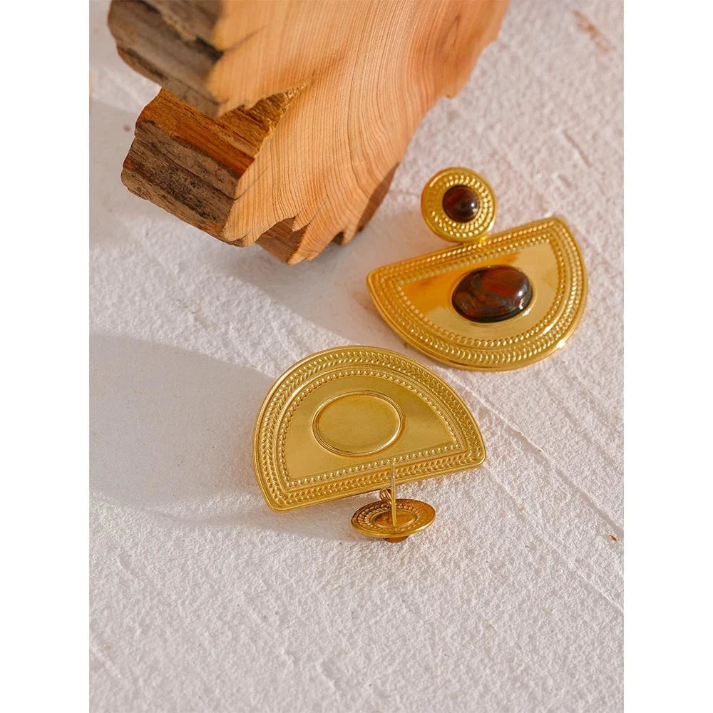 Waterproof Natural Tirger Malachite Stone Stainless Steel Fan Big Drop Earrings Statement 2023 Fashion Jewelry