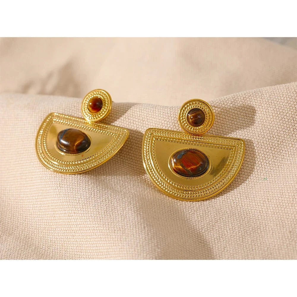 Waterproof Natural Tirger Malachite Stone Stainless Steel Fan Big Drop Earrings Statement 2023 Fashion Jewelry