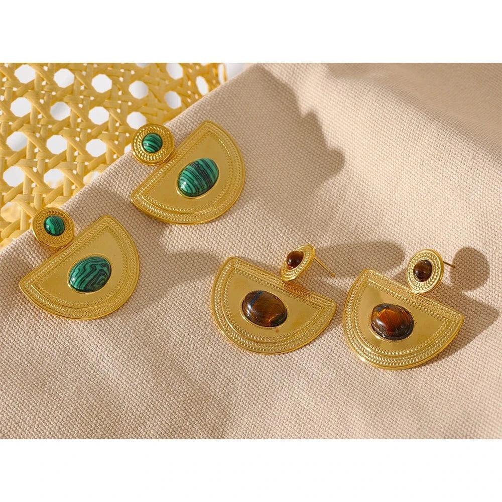 Waterproof Natural Tirger Malachite Stone Stainless Steel Fan Big Drop Earrings Statement 2023 Fashion Jewelry