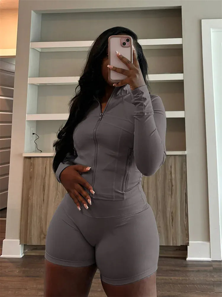 Weird Puss Casual Sporty 2 Piece Set Women Classic Tracksuit Cardigan Full Sleeve Jacket+Stretch Waist Skinny Shorts Trend Suits