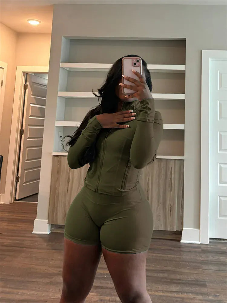 Weird Puss Casual Sporty 2 Piece Set Women Classic Tracksuit Cardigan Full Sleeve Jacket+Stretch Waist Skinny Shorts Trend Suits