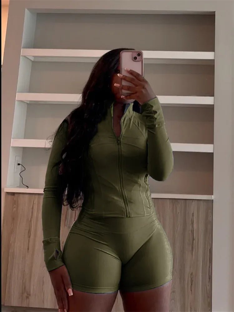 Weird Puss Casual Sporty 2 Piece Set Women Classic Tracksuit Cardigan Full Sleeve Jacket+Stretch Waist Skinny Shorts Trend Suits - SN Wigs & More