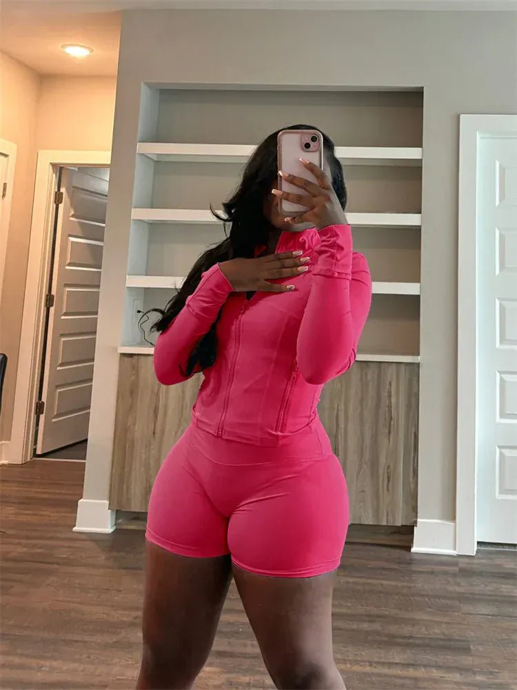 Weird Puss Casual Sporty 2 Piece Set Women Classic Tracksuit Cardigan Full Sleeve Jacket+Stretch Waist Skinny Shorts Trend Suits - SN Wigs & More