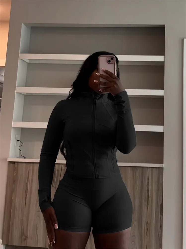 Weird Puss Casual Sporty 2 Piece Set Women Classic Tracksuit Cardigan Full Sleeve Jacket+Stretch Waist Skinny Shorts Trend Suits - SN Wigs & More