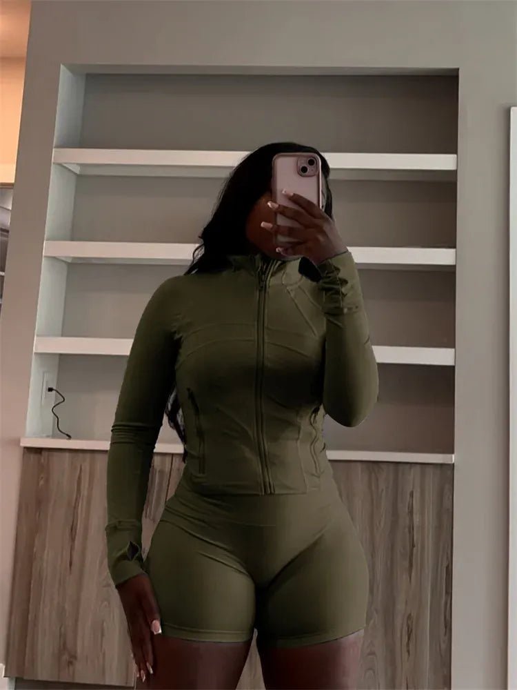 Weird Puss Casual Sporty 2 Piece Set Women Classic Tracksuit Cardigan Full Sleeve Jacket+Stretch Waist Skinny Shorts Trend Suits - SN Wigs & More